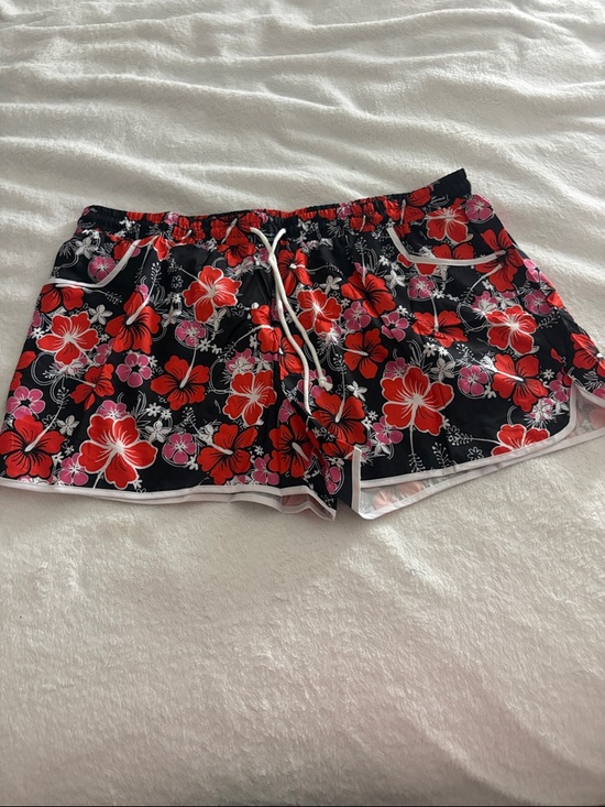 Pants - Women's Black Floral Athletic Shorts with Red & Pink Hibiscus Print